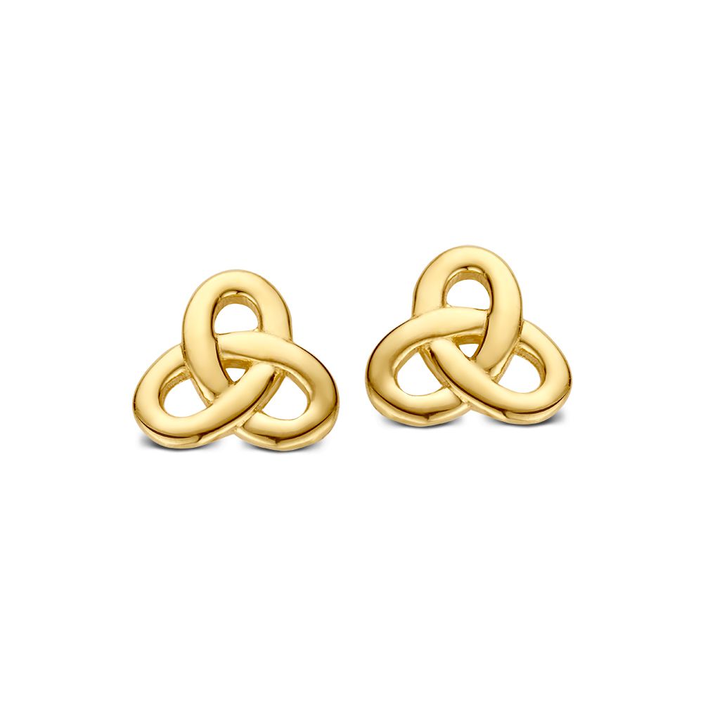 Pendientes de oro amarillo de 14 quilates con diseño entrelazado, forma triangular.