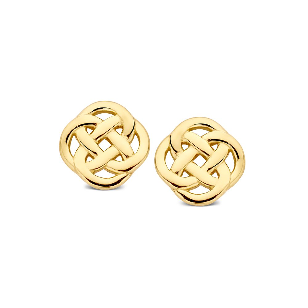 Pendientes de oro amarillo con patrón entrelazado, de forma redonda y acabado pulido.