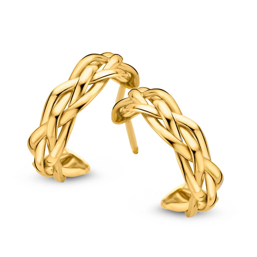Aros de oro amarillo trenzados con cierre de presión.
