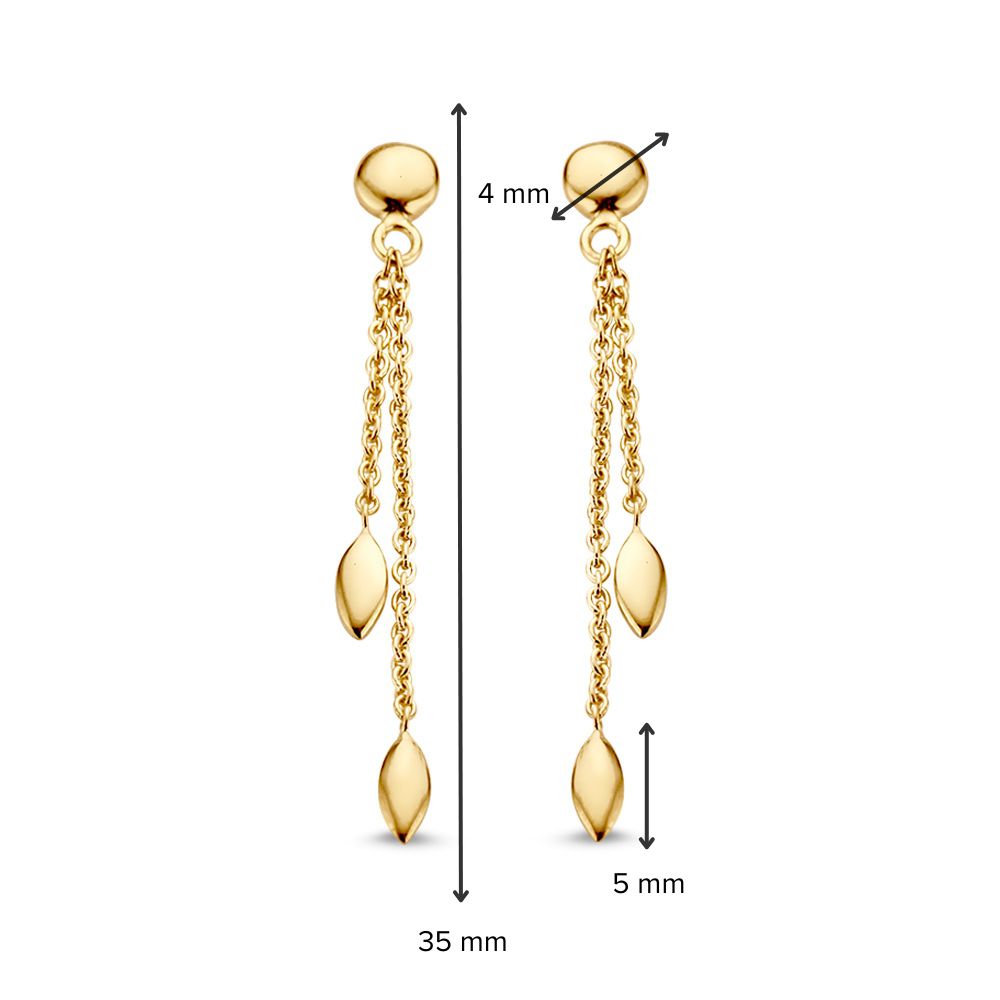Pendientes de botón de oro amarillo con colgantes largos y elementos de oro