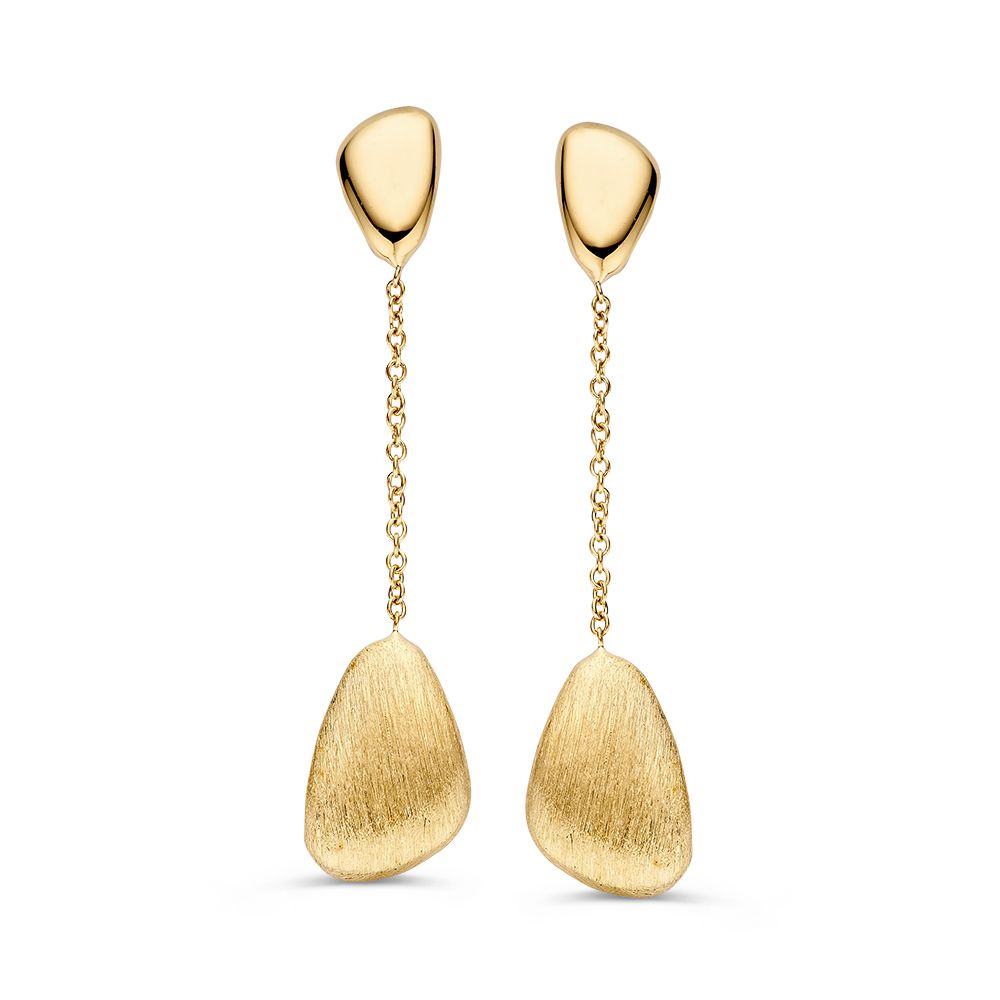 Pendientes largos de oro amarillo de 14 quilates con forma orgánica y acabado texturizado.