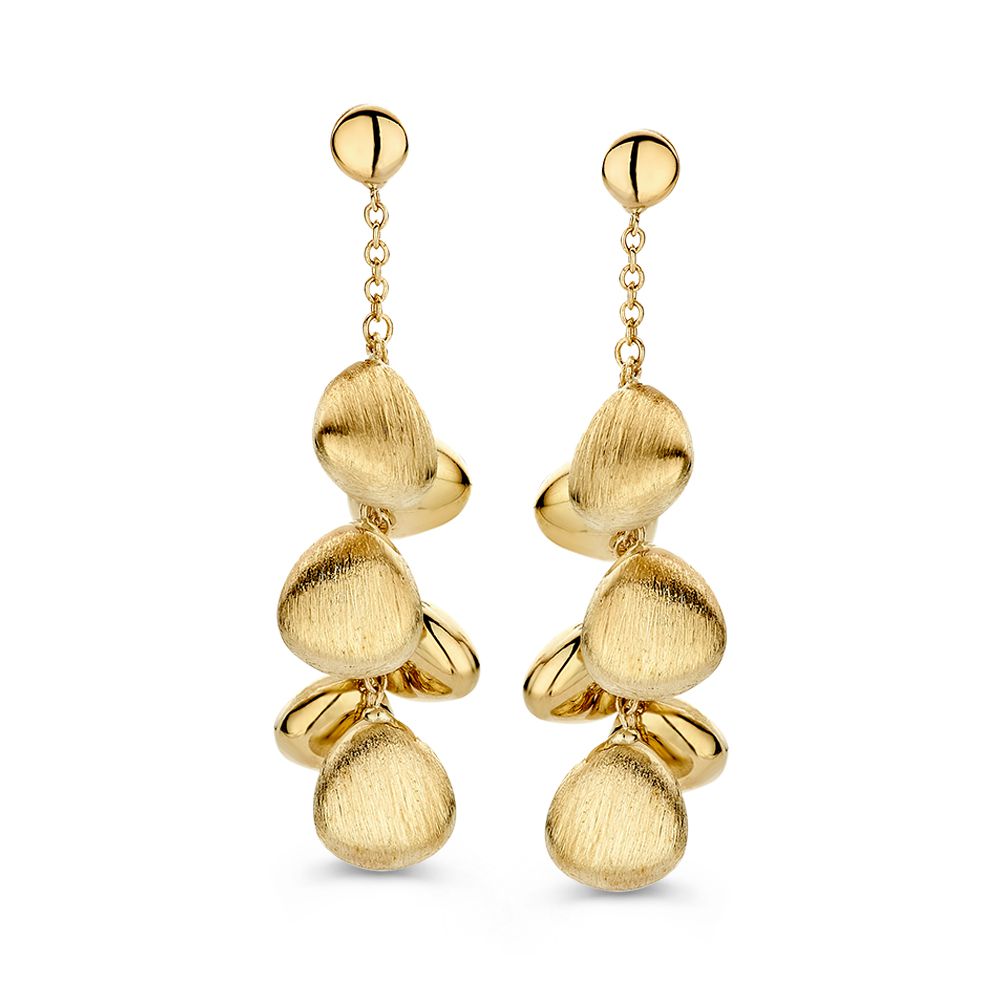 Pendientes largos de 14 quilates en oro amarillo con un diseño de gotas en relieve.
