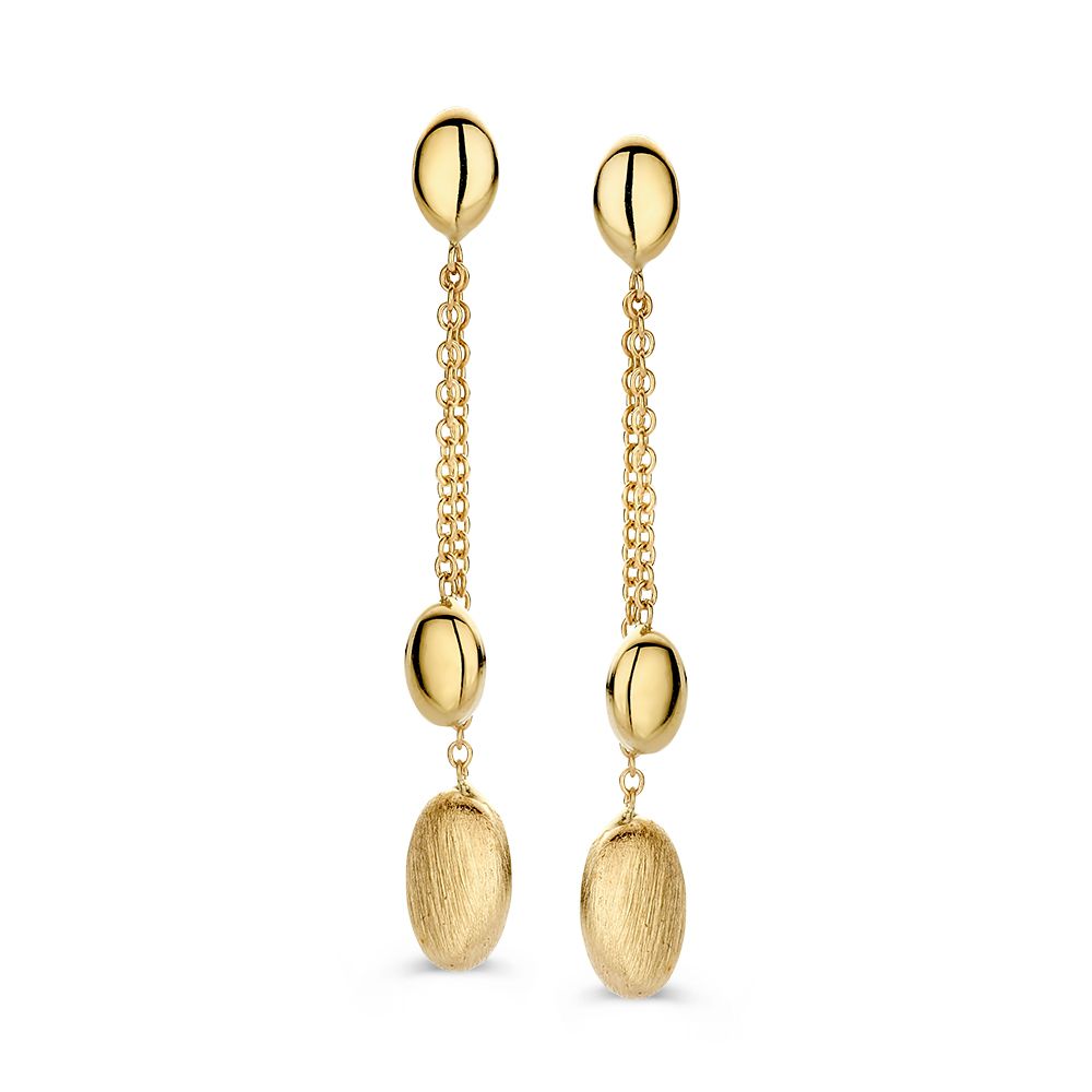 Pendientes largos de oro amarillo de 14 quilates con dos elementos colgantes texturizados.
