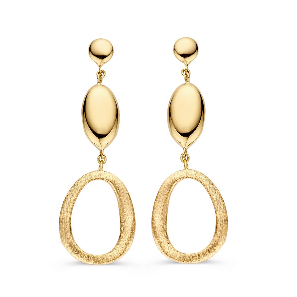 Pendientes largos de oro amarillo de 14 quilates con elementos colgantes en forma ovalada.