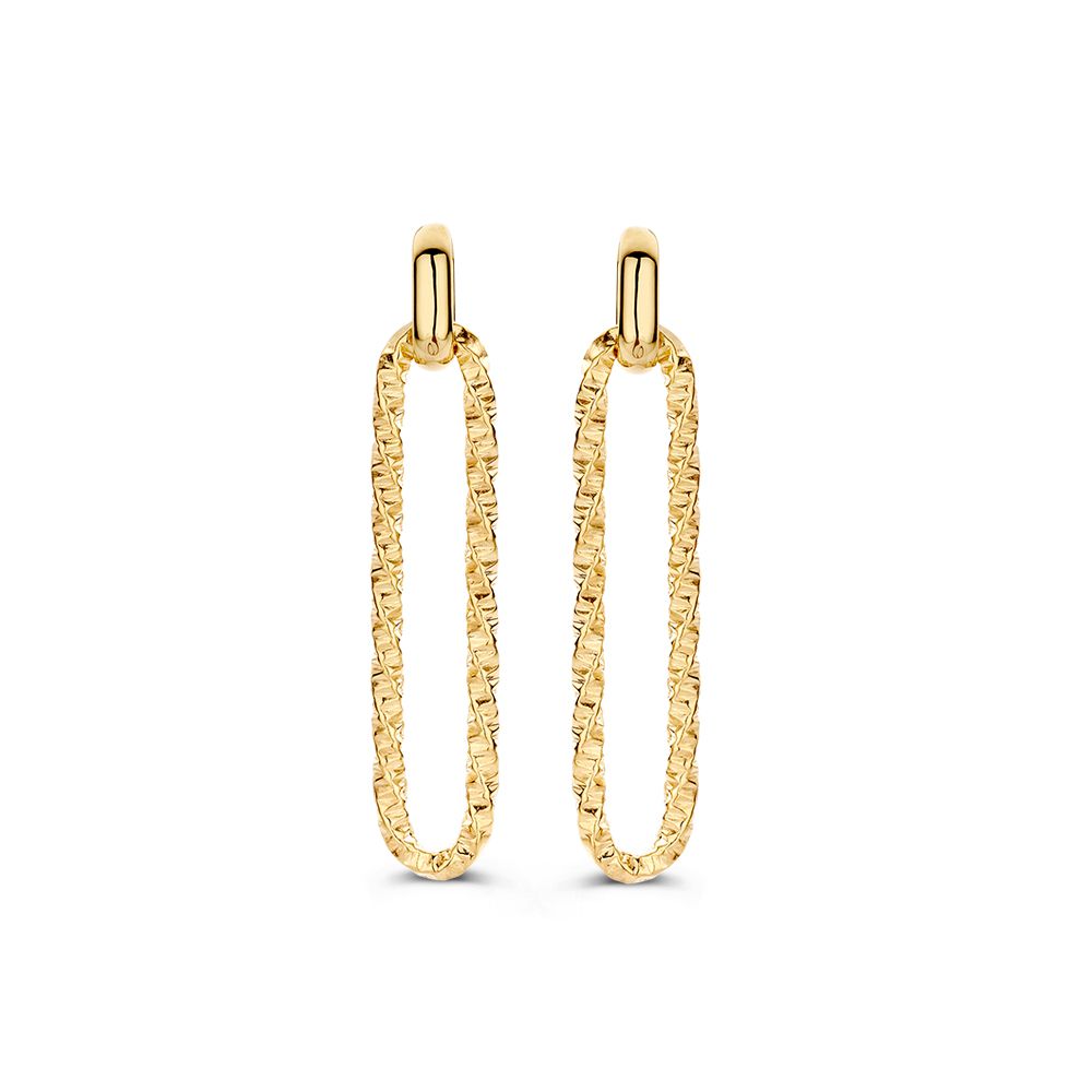Pendientes largos de oro amarillo con eslabones de papel decorados en oro de 14 quilates.