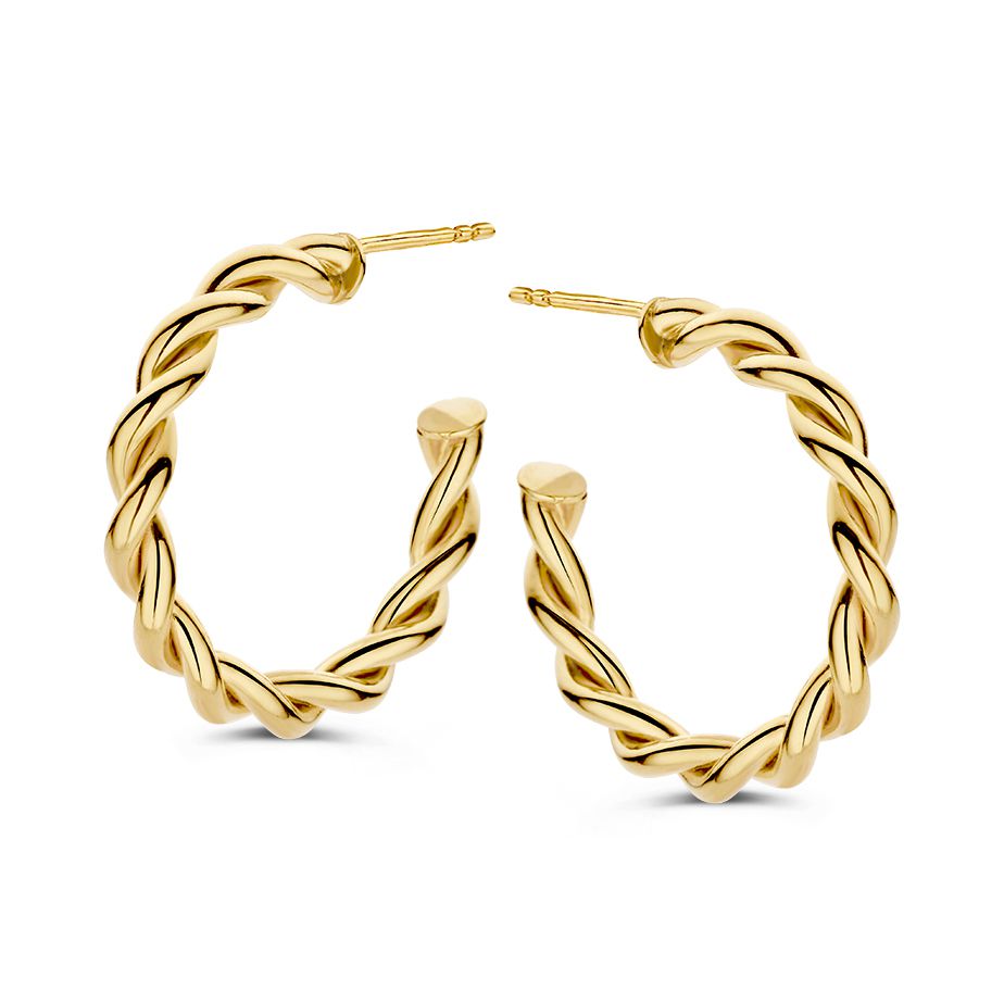 Pendientes de aro dorados con diseño trenzado en oro de 14 quilates.