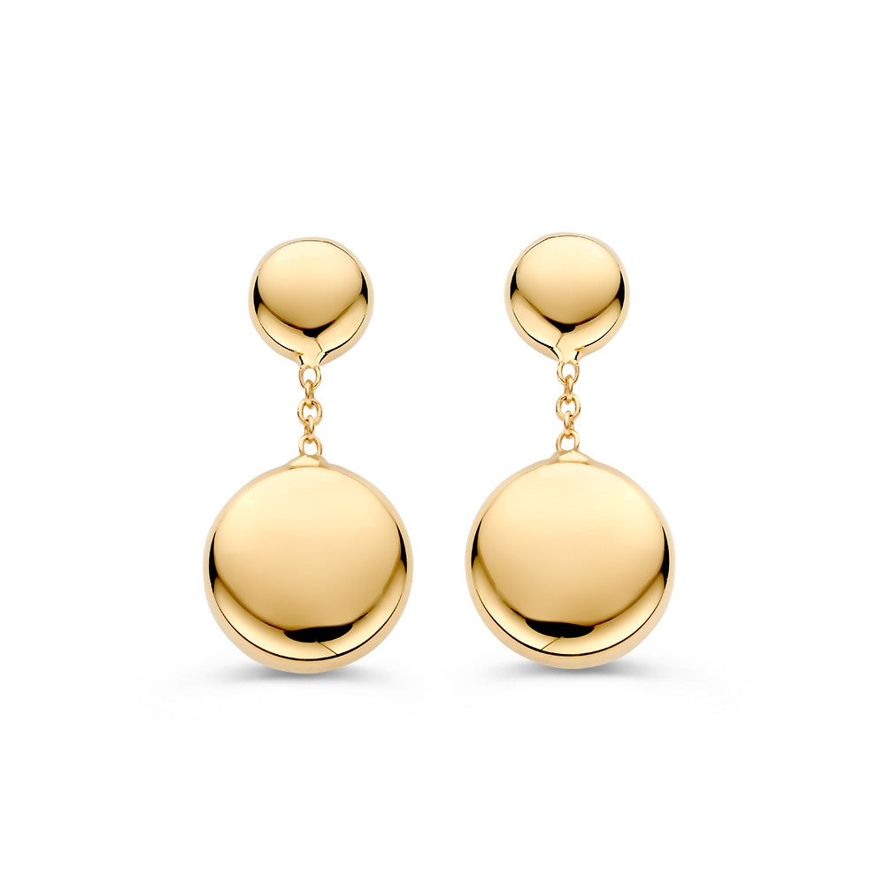 Pendientes de oro amarillo de 14 quilates con elementos colgantes en forma de disco.