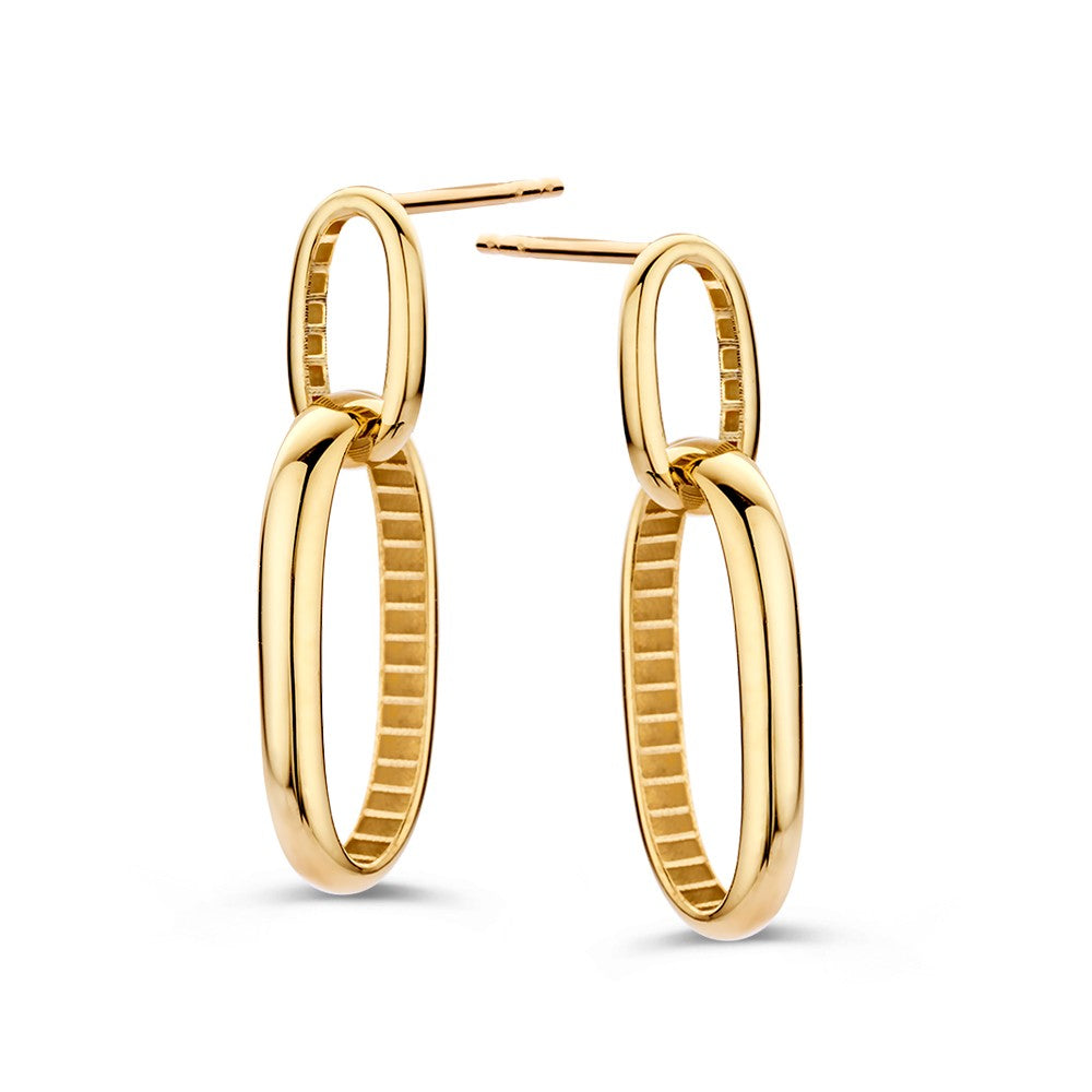 Pendientes largos de oro amarillo con eslabones ovalados y un acabado pulido.