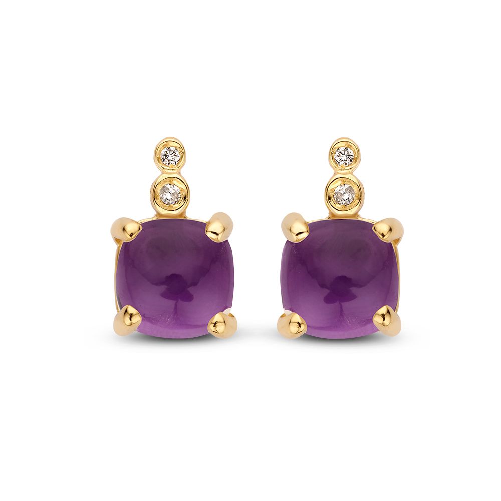 Pendientes de oro amarillo con amatista morada y diamantes en engastes redondos.