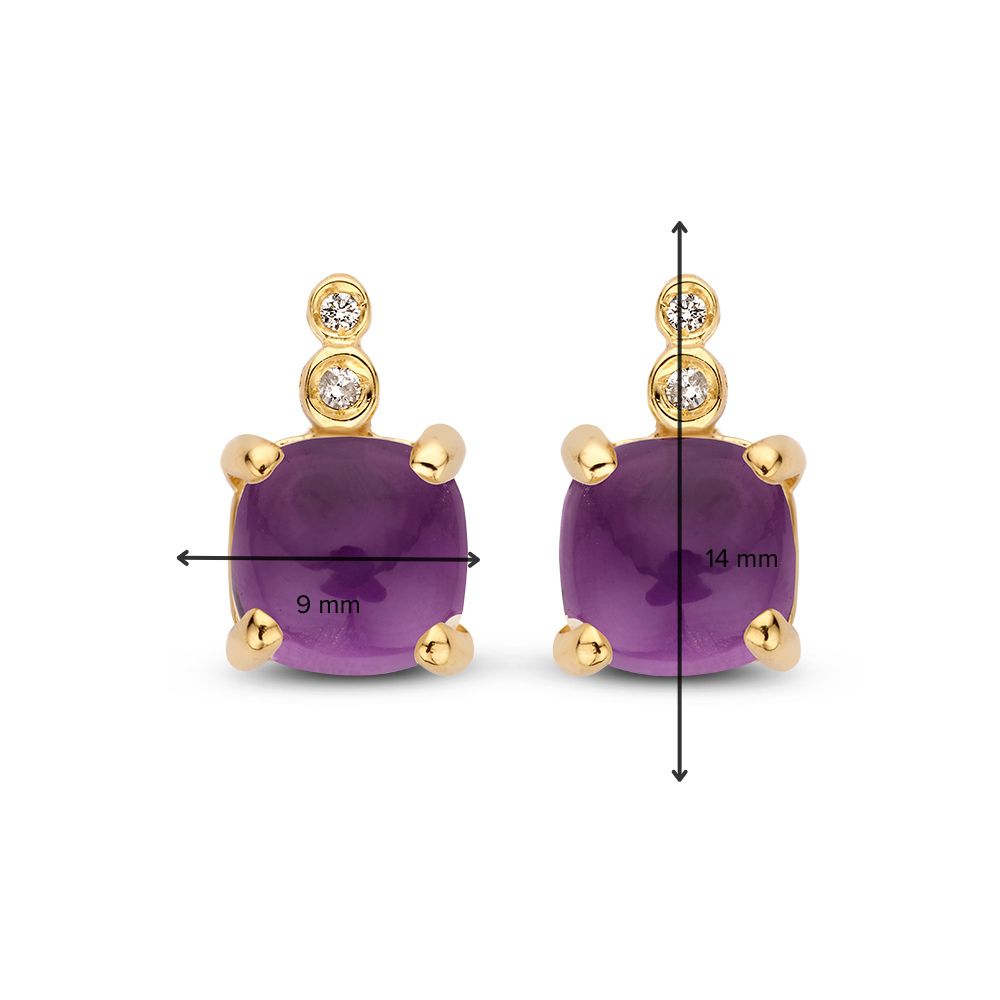 Pendientes Coloridos de Oro Amarillo con Amatista Púrpura y Diamantes en Cajitas Redondas – Oro de 14 Quilates