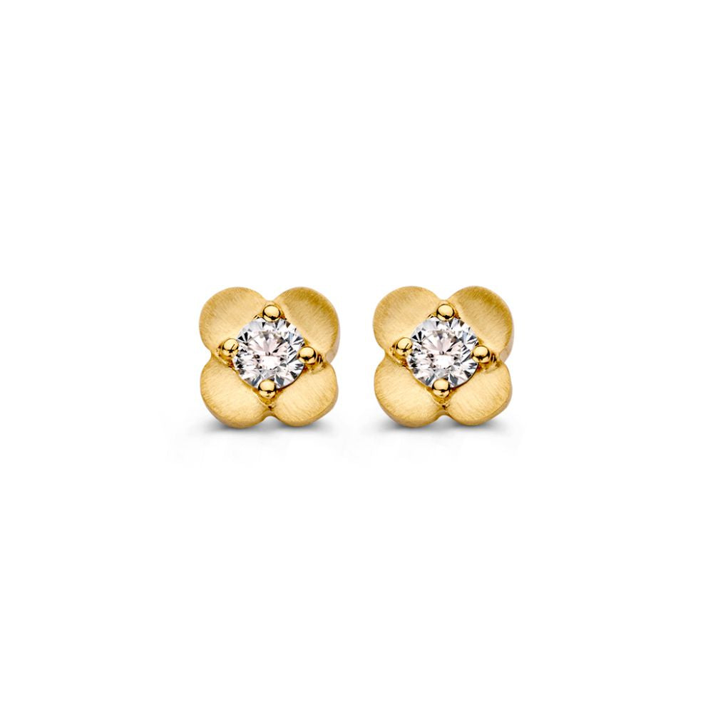 Pendientes de flor en oro amarillo de 14 quilates con diamante en el centro.