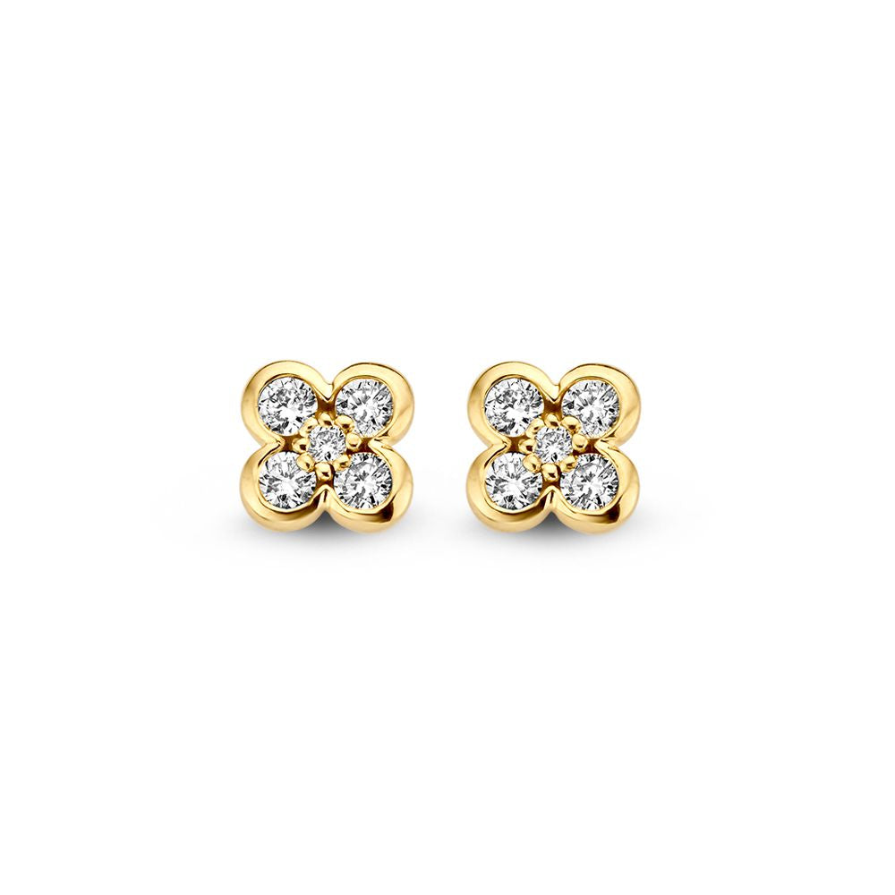 Pendientes de oro amarillo con diamantes brillantes de 0,12 crt en forma de flor.