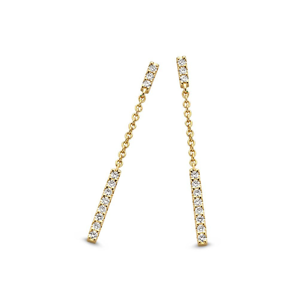 Pendientes de oro amarillo con diamantes de 0,12 crt, diseño sutil y elegante en forma de barra.