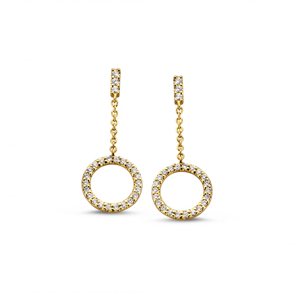 Pendientes de aro en oro amarillo con colgantes de diamantes de 0,12 crt.
