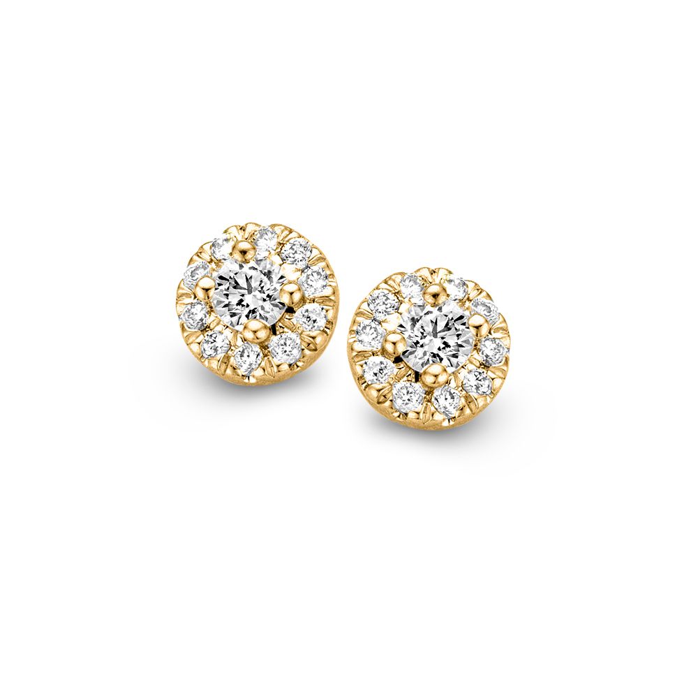 Pendientes de oro amarillo en engaste de entourage con diamante de 0,17 crt.