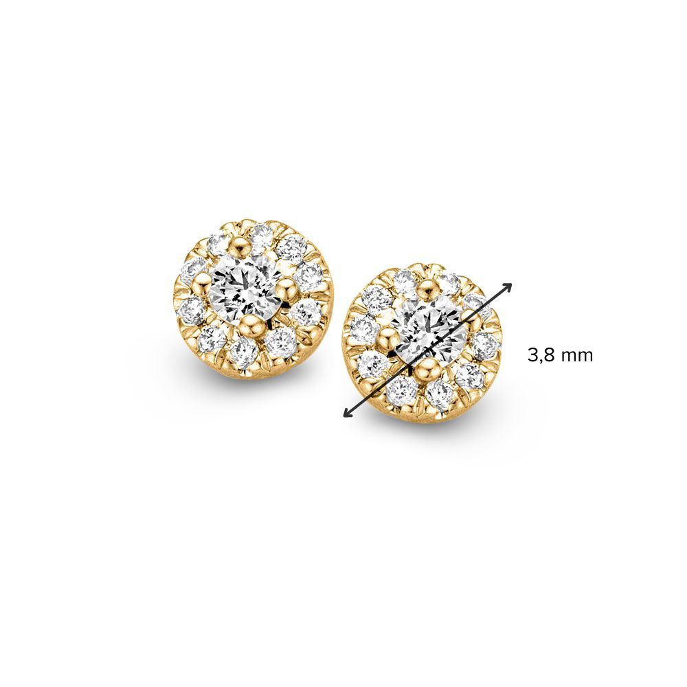 Pendientes de oro amarillo en engaste de entourage con diamante de 0,17 crt