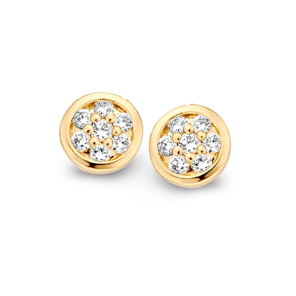 Pendientes de oro amarillo con diamantes de 0,18 crt, diseño elegante en forma de flor.