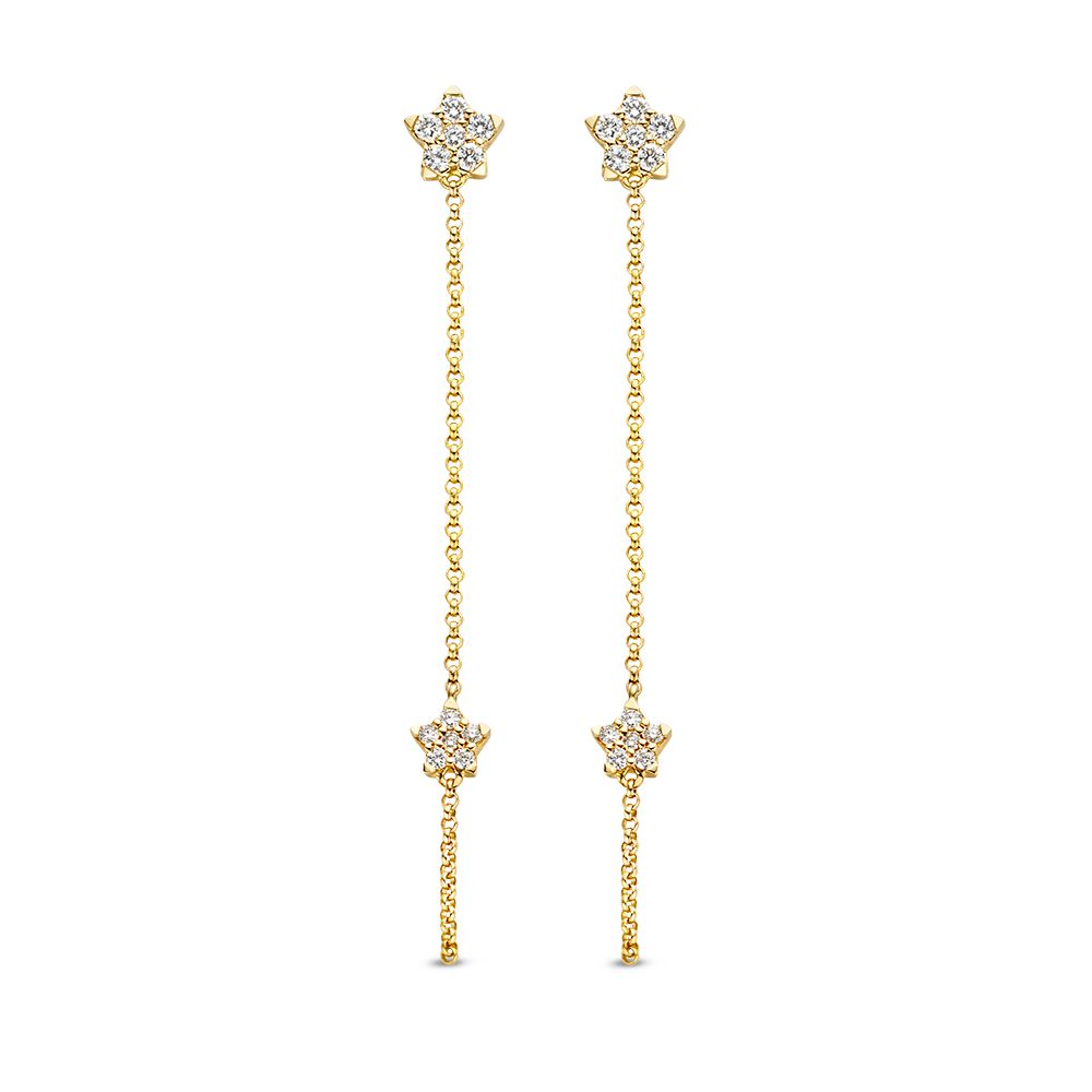 Pendientes largos de oro amarillo con estrellas caídas y diamantes de 0,24 crt.