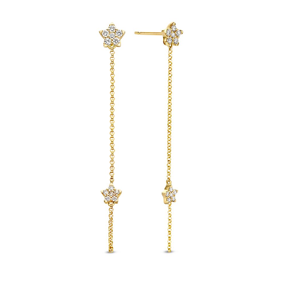 Pendientes de oro amarillo juguetones con estrellas caídas y diamantes de 0,24 crt