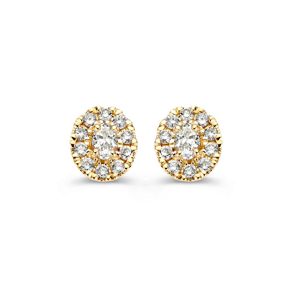 Pendientes de oro amarillo de 14k con halo de diamantes y piedra central ovalada.