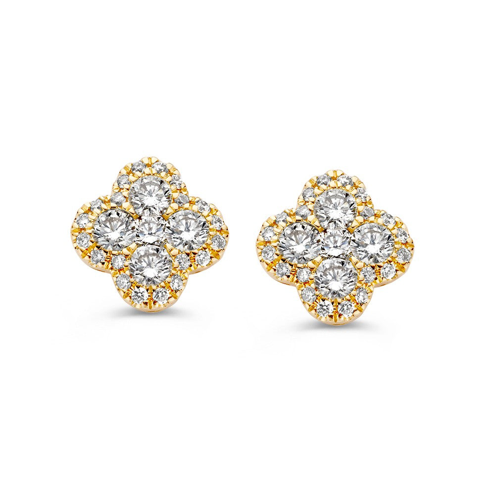 Pendientes de oro amarillo con forma de flor, decorados con diamantes brillantes.