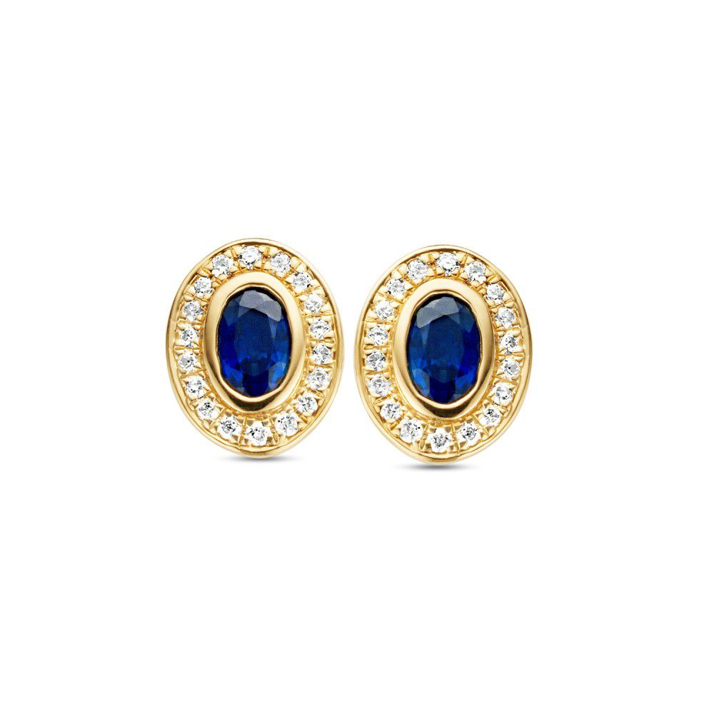 Pendientes de oro amarillo con zafiros azules y diamantes, forma ovalada y detalles brillantes.