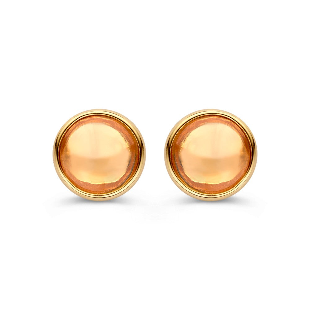 Pendientes de oro amarillo con citrino, con acentos naranjas brillantes y forma redonda.