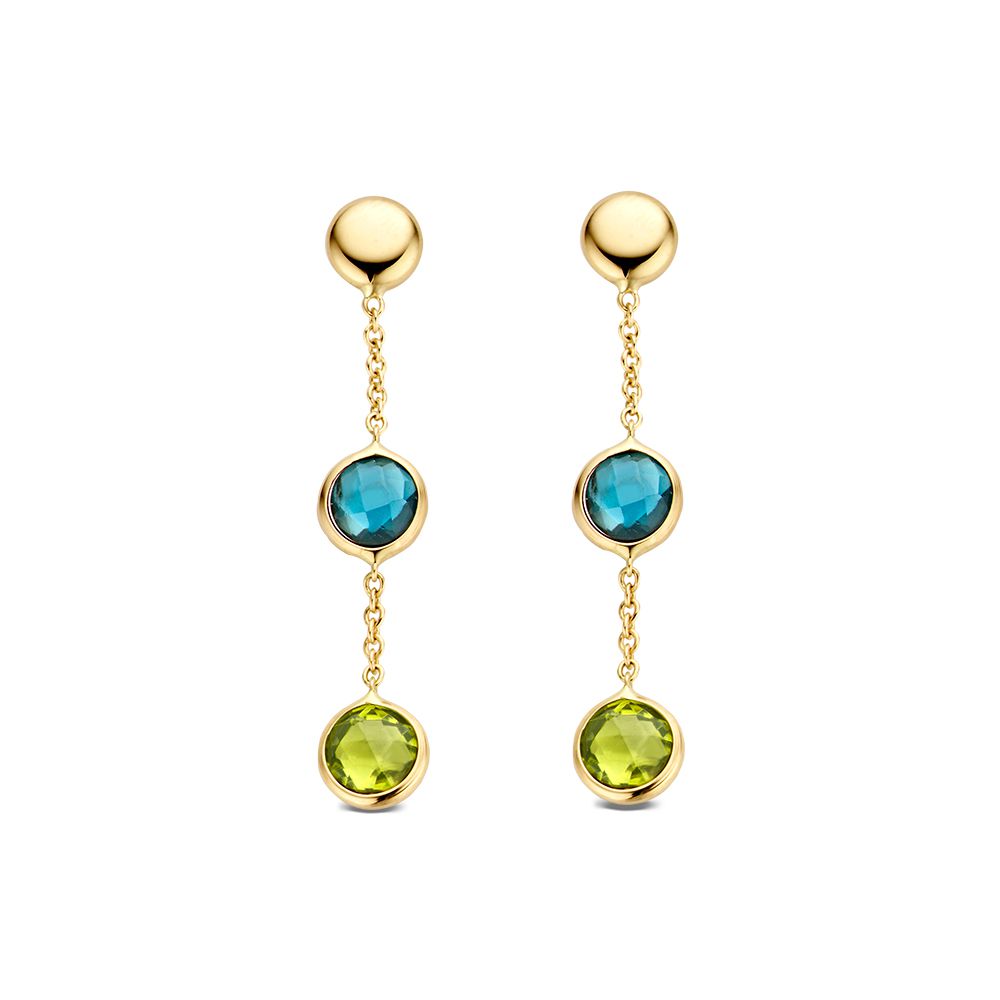 Pendientes largos de oro amarillo con topacio azul y peridoto verde, con piedras multicolores.