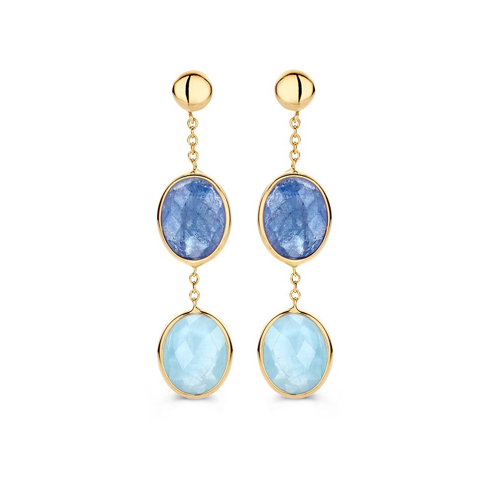 Geelgouden Oorhangers met Aquamarijn en Tanzaniet – Luxe Blauw Gekleurde Edelstenen