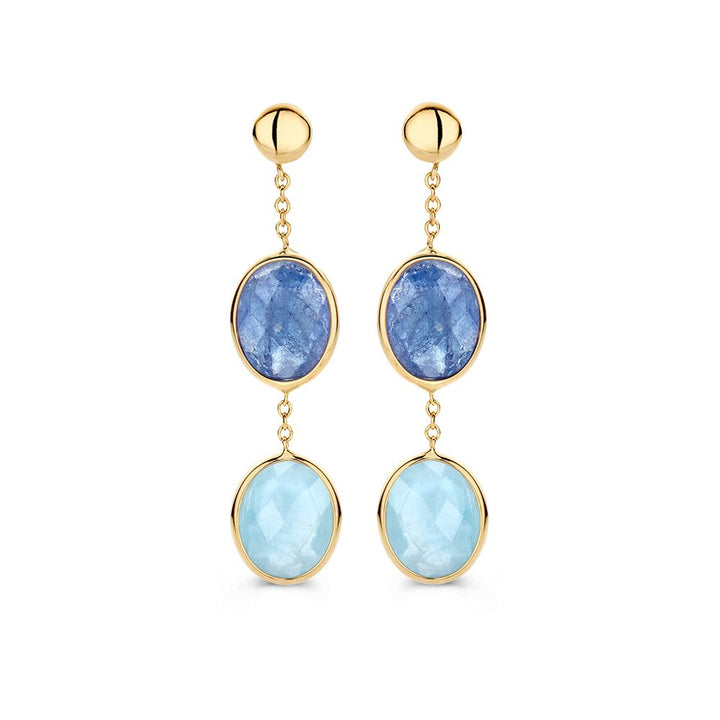 Geelgouden Oorhangers met Aquamarijn en Tanzaniet – Luxe Blauw Gekleurde Edelstenen