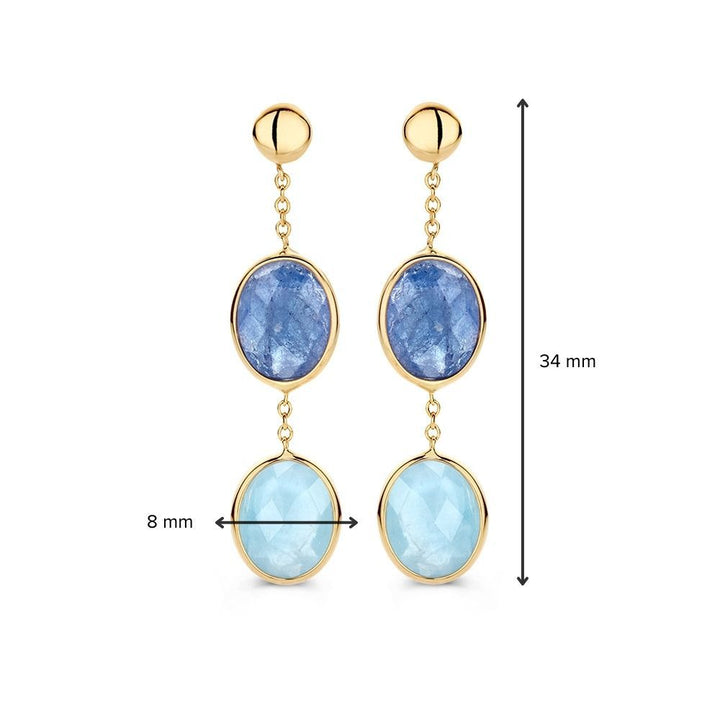 Geelgouden Oorhangers met Aquamarijn en Tanzaniet – Luxe Blauw Gekleurde Edelstenen