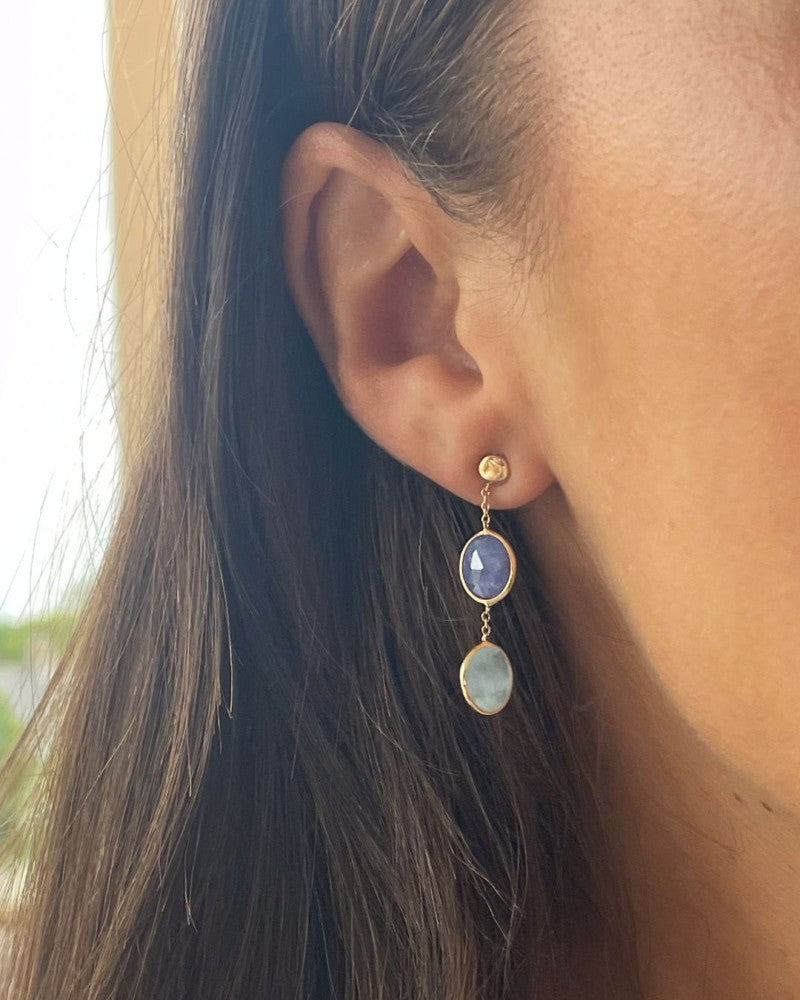 Aros de oro amarillo con aguamarina y tanzanita - Lujosas piedras preciosas de color azul