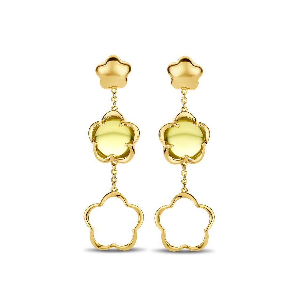 Pendientes de oro amarillo con colgante en forma de flor de cuarzo verde.