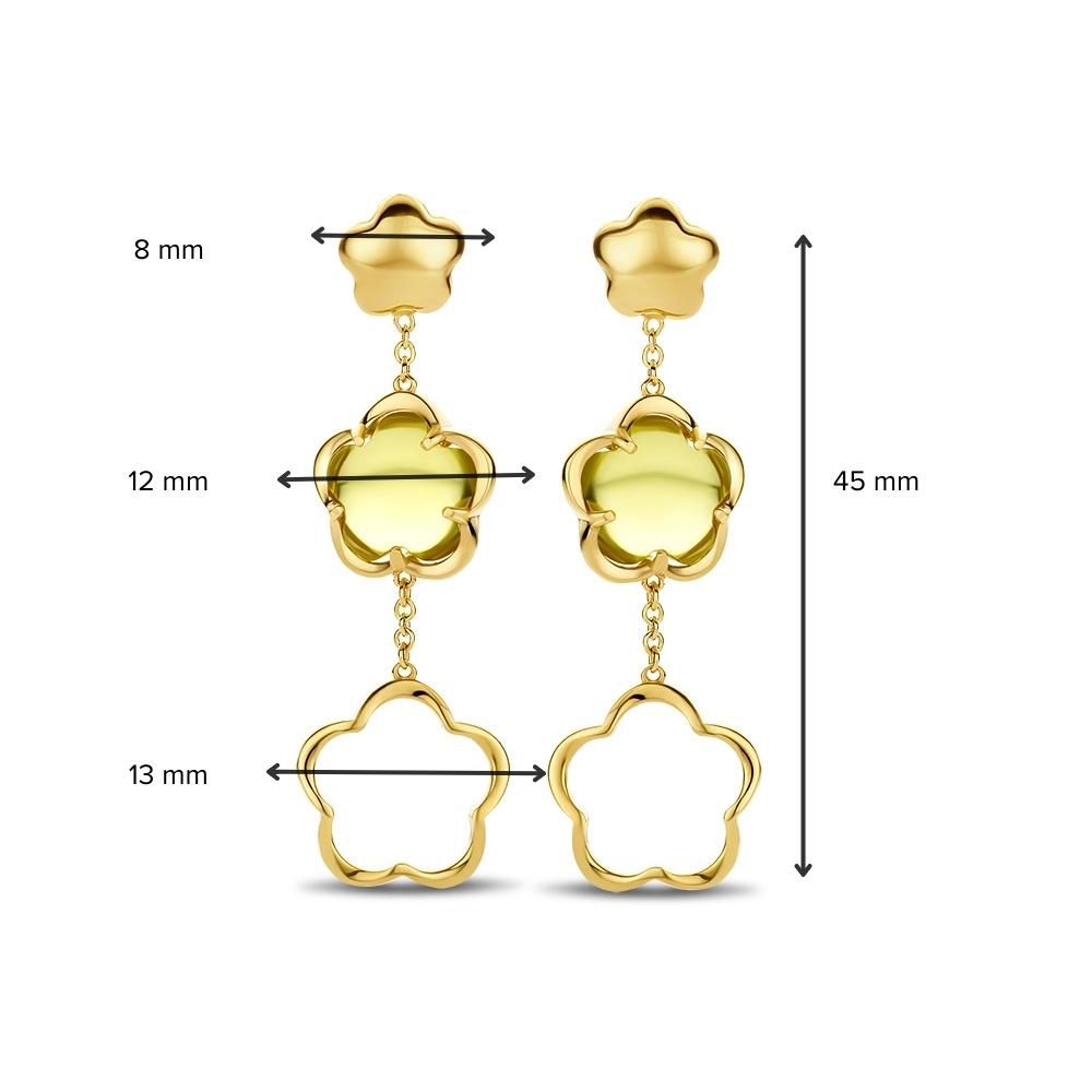 Pendientes de oro amarillo con colgante en forma de flor de cuarzo verde – Pendientes elegantes