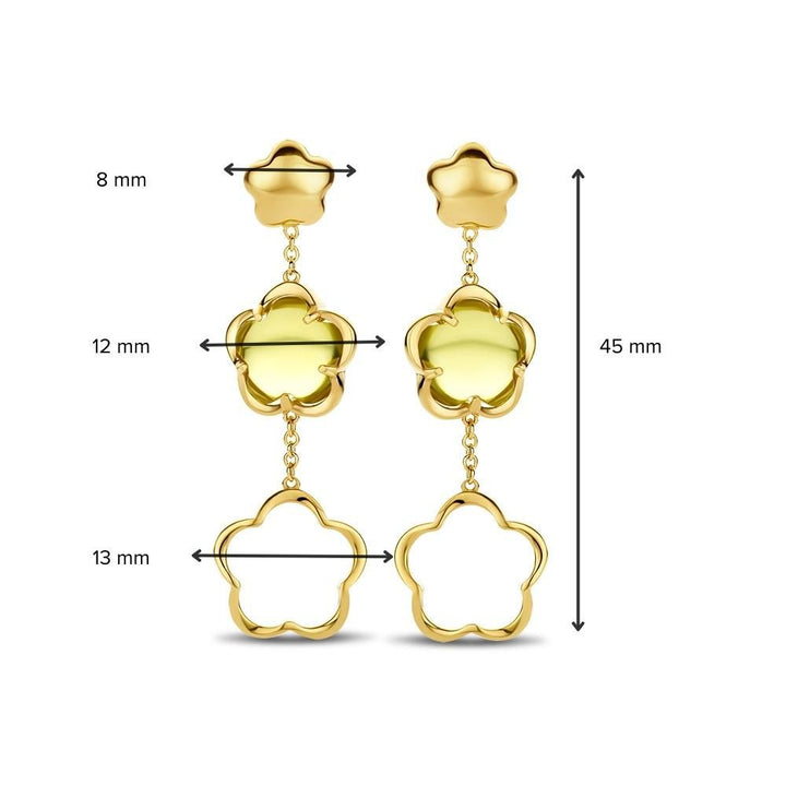 Geelgouden Oorstekers met Groene Kwarts Bloemvorm Hanger – Elegante Oorbellen