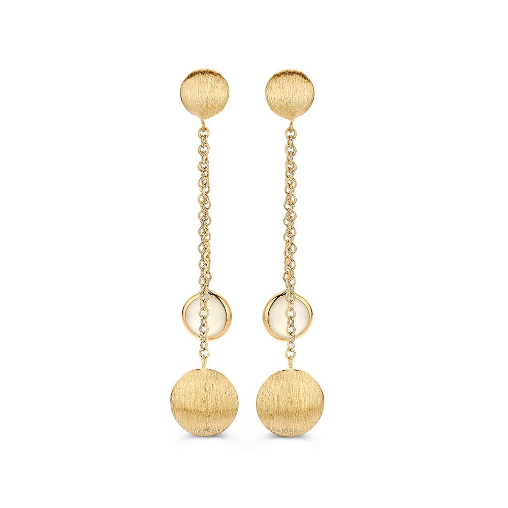 Pendientes largos de oro amarillo con piedra luna y colgantes mate, diseño juguetón y elegante.