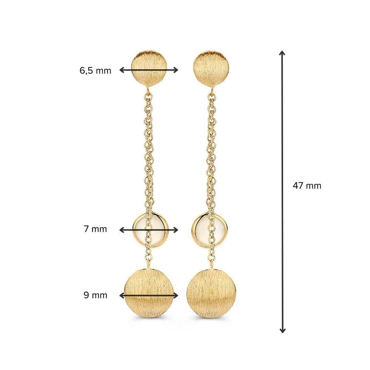 Geelgouden Oorstekers met Maansteen en Matgouden Hangers – Speelse, Elegante Oorbellen