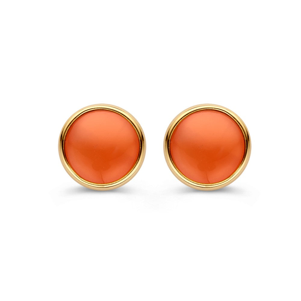 Pendientes de oro amarillo con piedra de luna rosa, de forma redonda y acabado brillante.