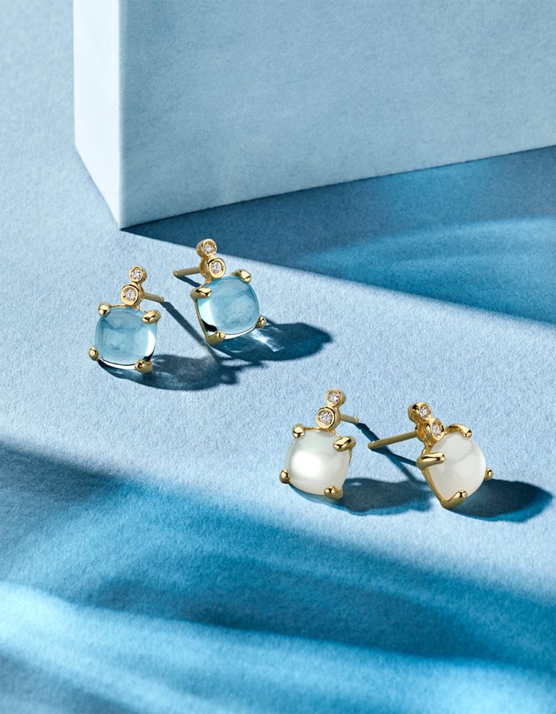 Elegantes Pendientes con Piedra de Luna y Diamante en Oro Amarillo de 14 Quilates