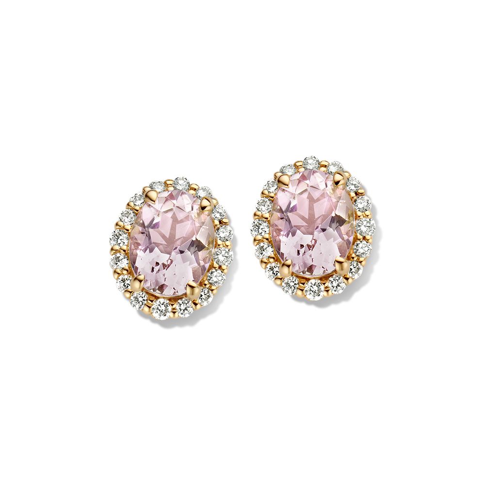 Pendientes de oro amarillo de 14 quilates con morganita y diamantes, forma ovalada.