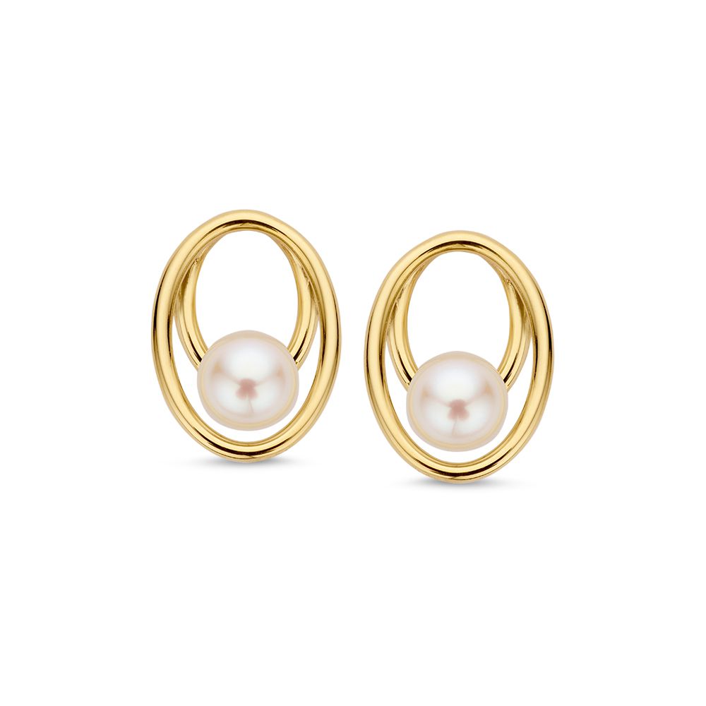 Pendientes de oro amarillo con perlas en un diseño juguetón de 14 quilates.