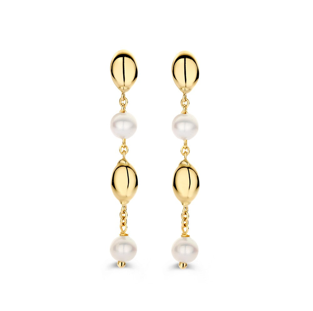Pendientes largos de oro amarillo de 14 quilates con perlas y elementos dorados.