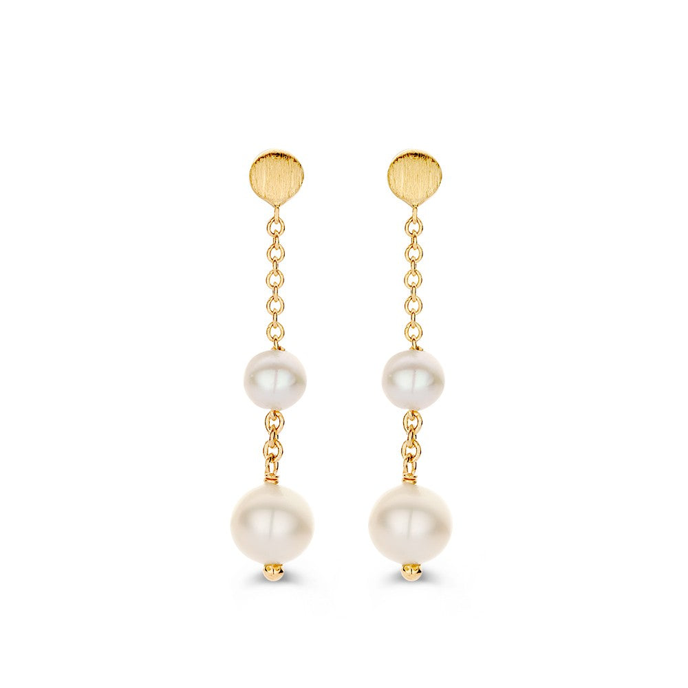 Pendientes largos de oro amarillo de 14 quilates con perlas y elementos mate.