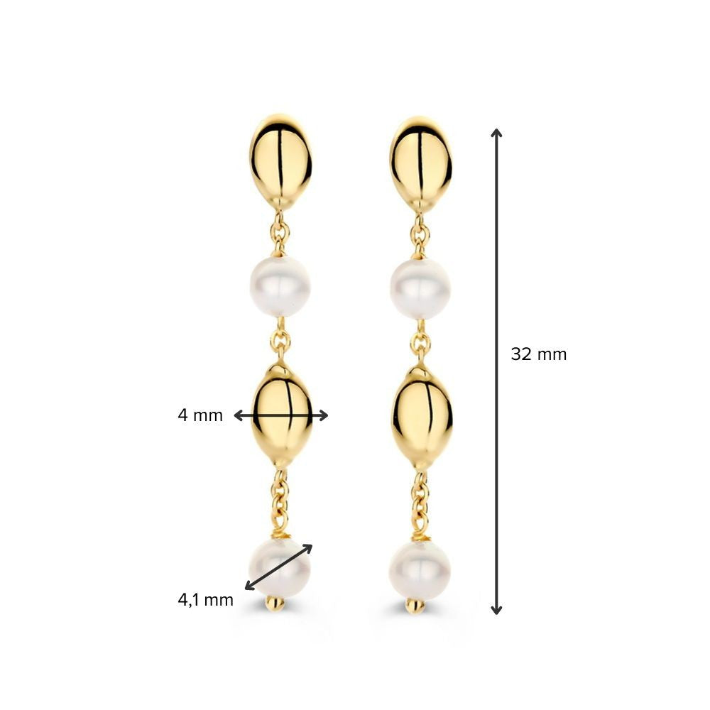 Pendientes Juguetones de Oro Amarillo con Perlas y Elementos de Oro de 14 Quilates