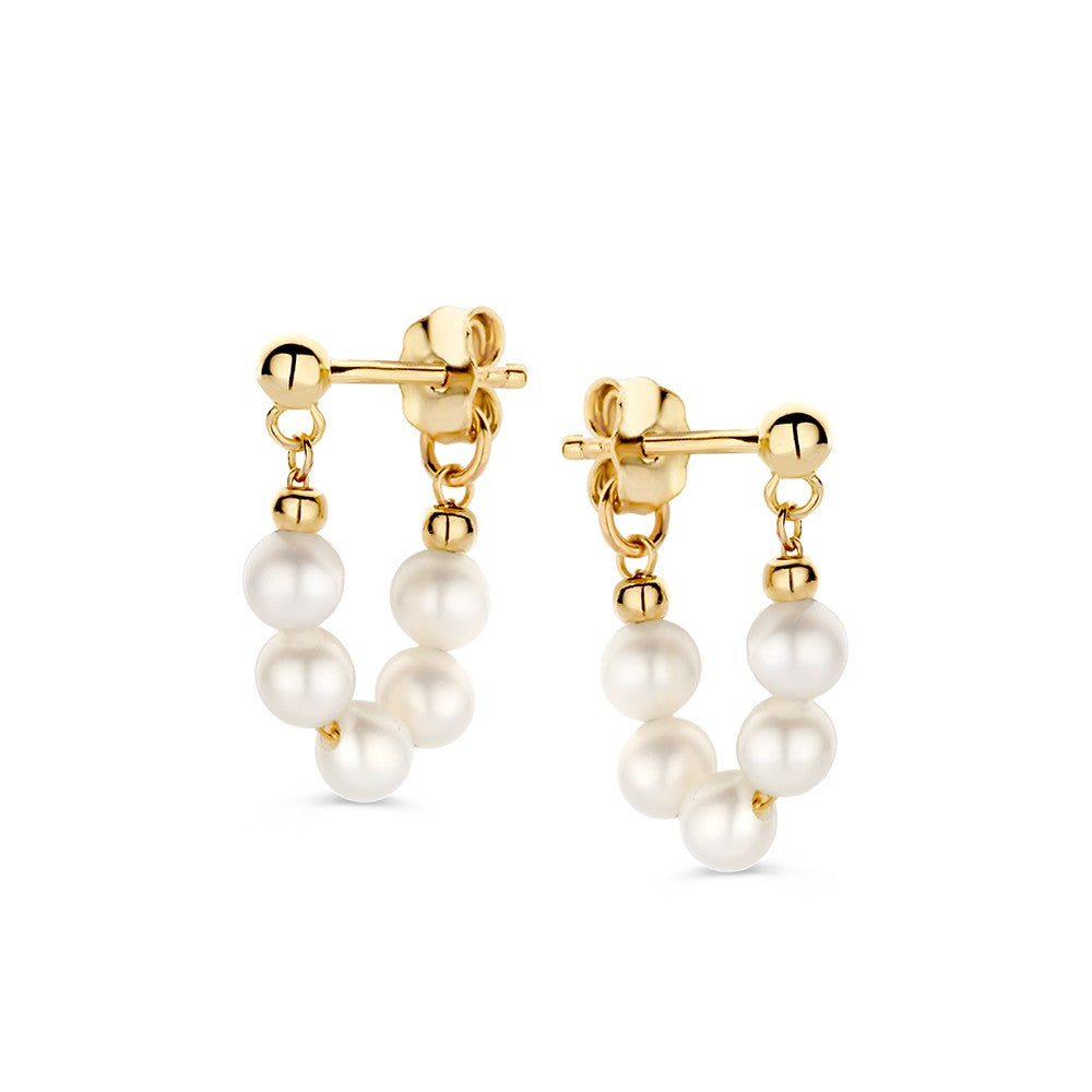 Pendientes de oro de 14 quilates con cadena de perlas blancas.