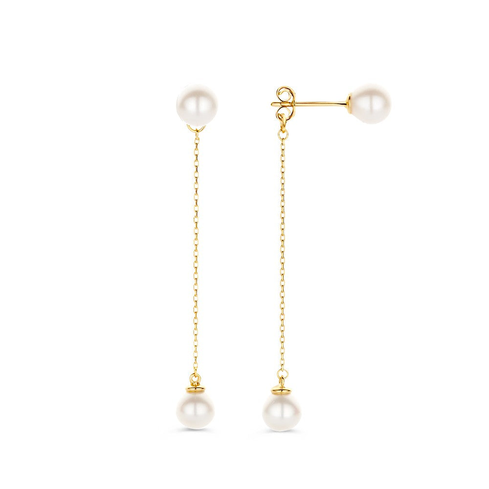 Aros de oro amarillo largos con perlas de 14 quilates