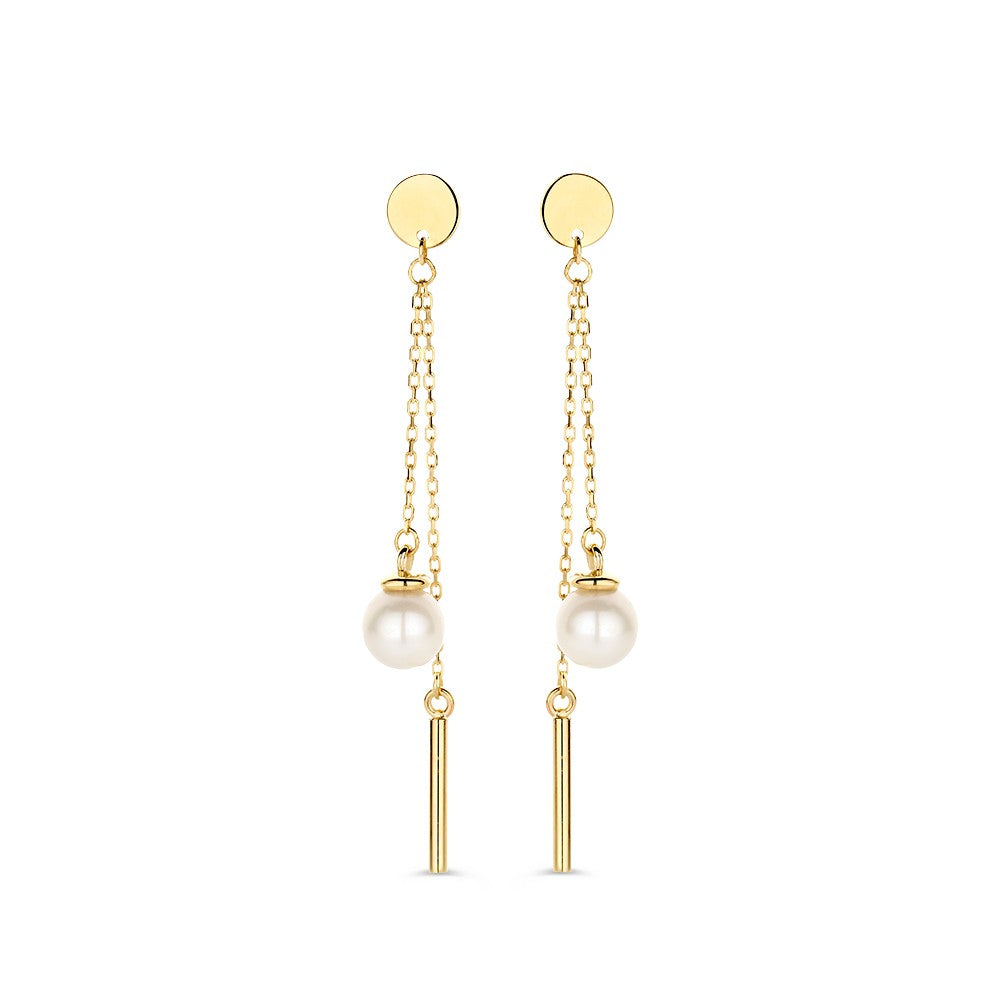 Pendientes largos de oro de 14 quilates con perla y barra dorada.
