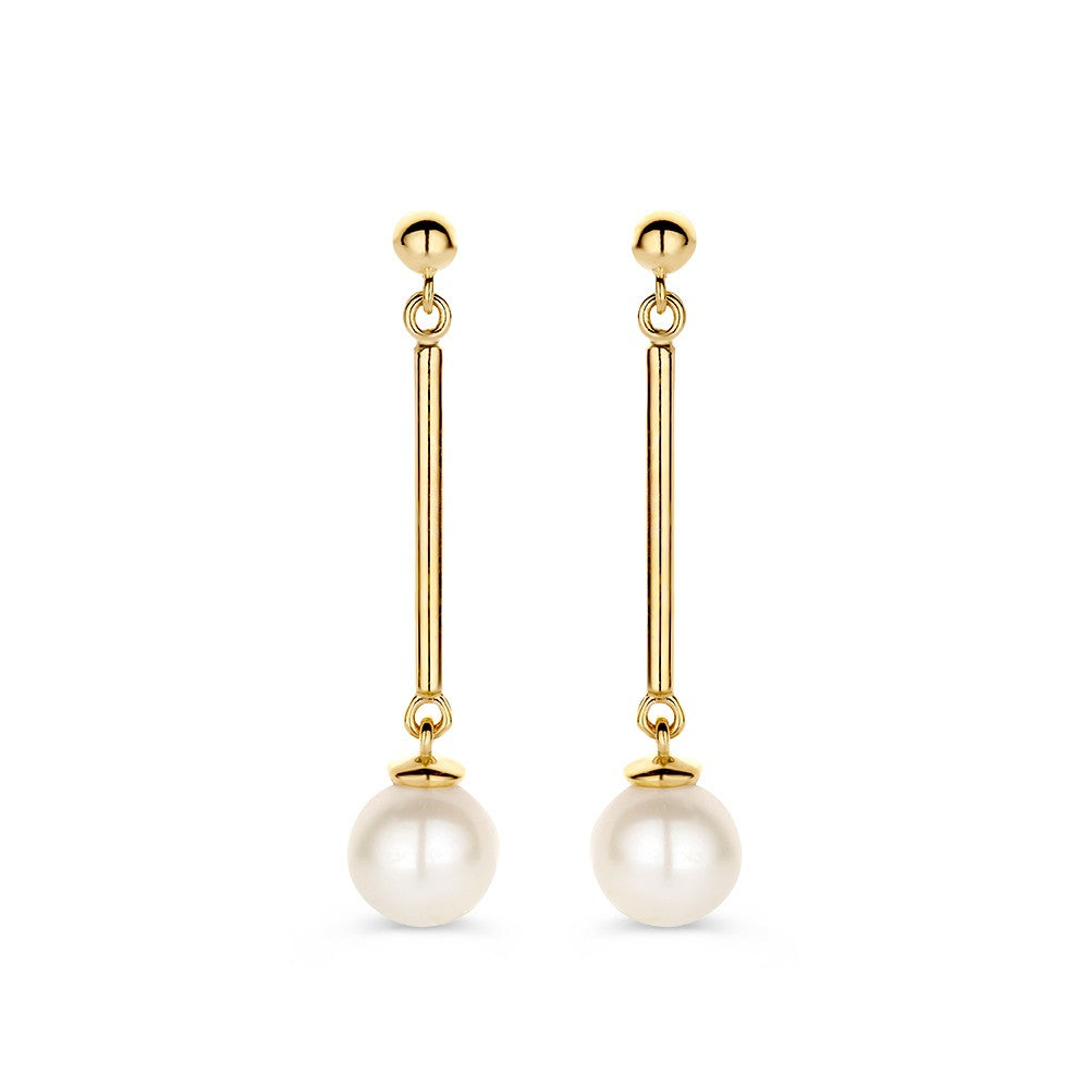 Pendientes largos de oro amarillo de 14 quilates con perlas y varillas.