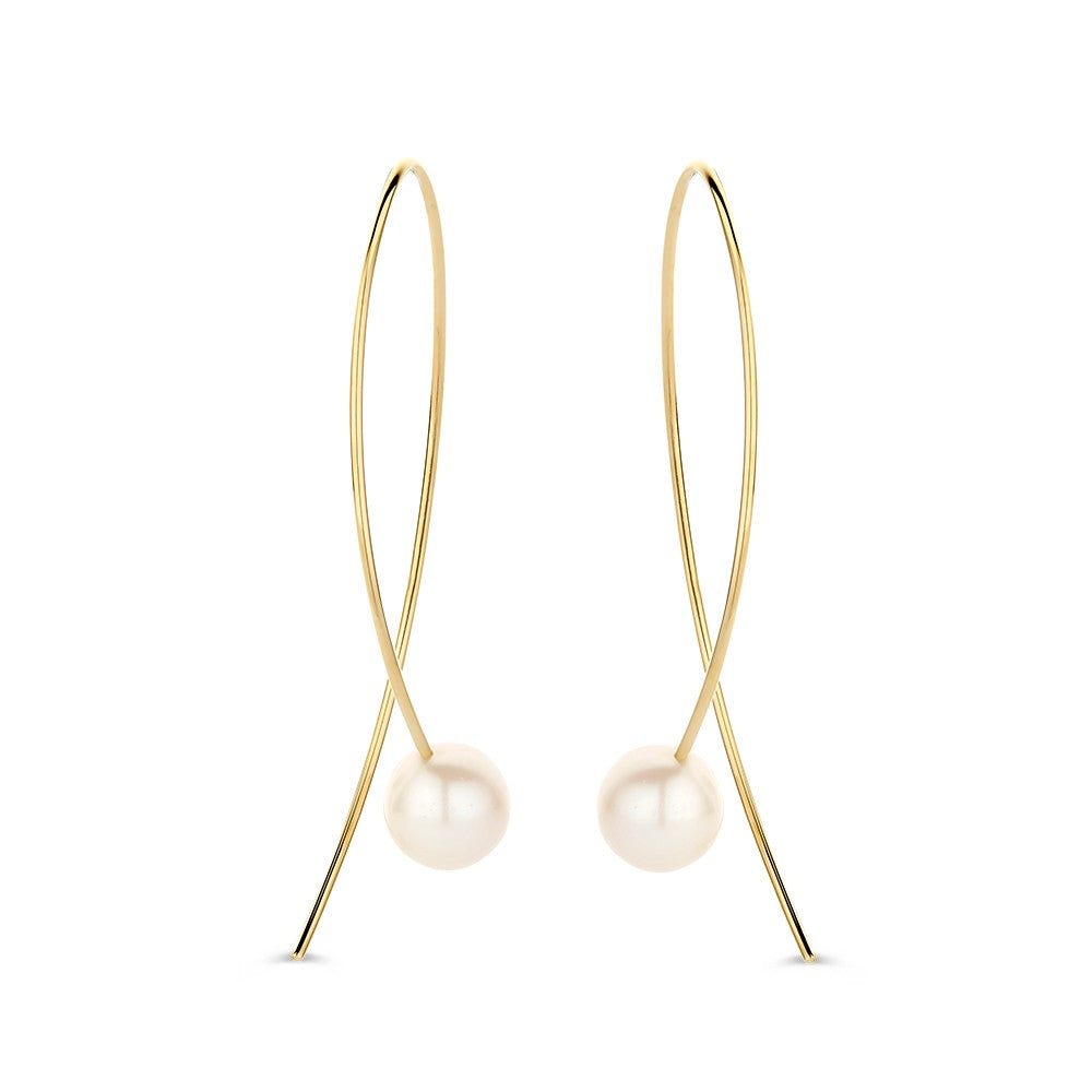 Pendientes de oro amarillo de 14 quilates con perlas grandes y diseño llamativo.