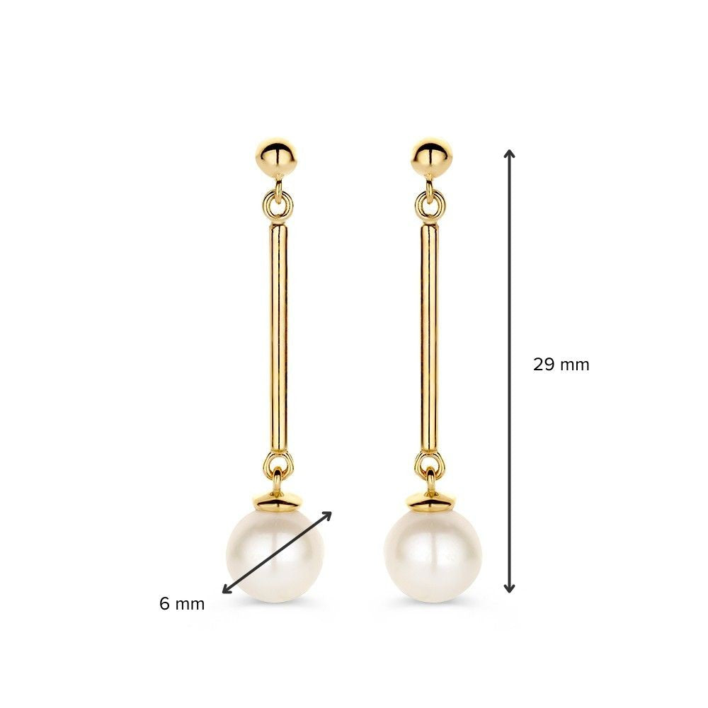 Pendientes de oro amarillo con varillas largas y perla de 14 quilates